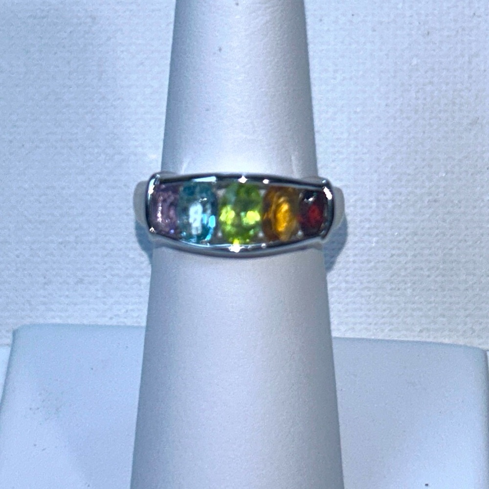 NWOT Genuine Five Gemstone Sterling Silver Band Ring Modern Colorful Bohemian